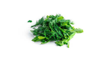 Fresh herbs-parsley, dill, onion isolated on a white background.