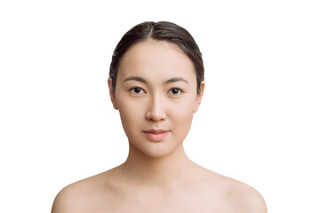 Wall Mural - Skin care. portrait of a beautiful Asian woman with a beautiful face close-up. asian girl model with natural makeup moisturized skin on white isolated background