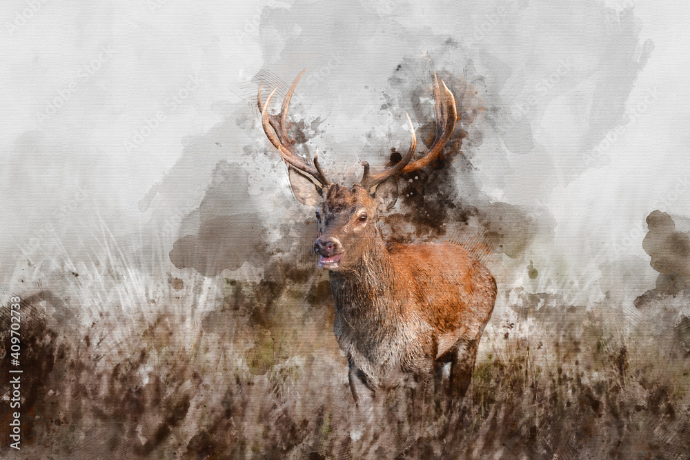 Digital watercolor painting of Beautiful image of red deer stag in vibrant golds and browns of Autumn Fall landscape forest - obrazy, fototapety, plakaty 