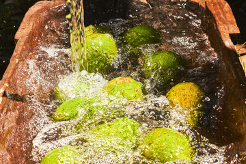 Top view closeup of yellow and green pears under the pouring water in a wooden tank