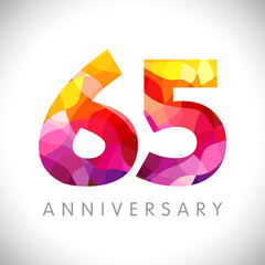 Wall Mural - 65 th anniversary numbers. 65 years old logotype. Bright congrats. Isolated abstract graphic web design template. Creative 5, 6 3D digits. Up to 65% percent off discount idea. Congratulation concept.