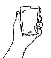Poster - Hand drawn doodle vector illustration of hand holding smartphone. Black and white sketch style vector.