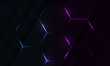 Dark hexagon gaming abstract vector background with blue and pink colored bright flashes.