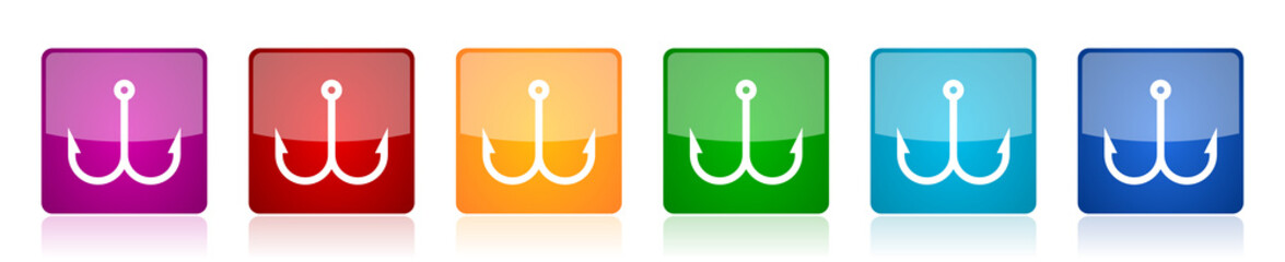 Poster - Fishing hook icon set, square glossy vector buttons in 6 colors options for webdesign and mobile applications