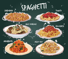 Hand Drawn Vector Illustration Of 6 Common Spaghetti Dishes On Plates.