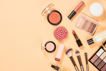 Make up products. Professional cosmetics at color background. Flat lay image.