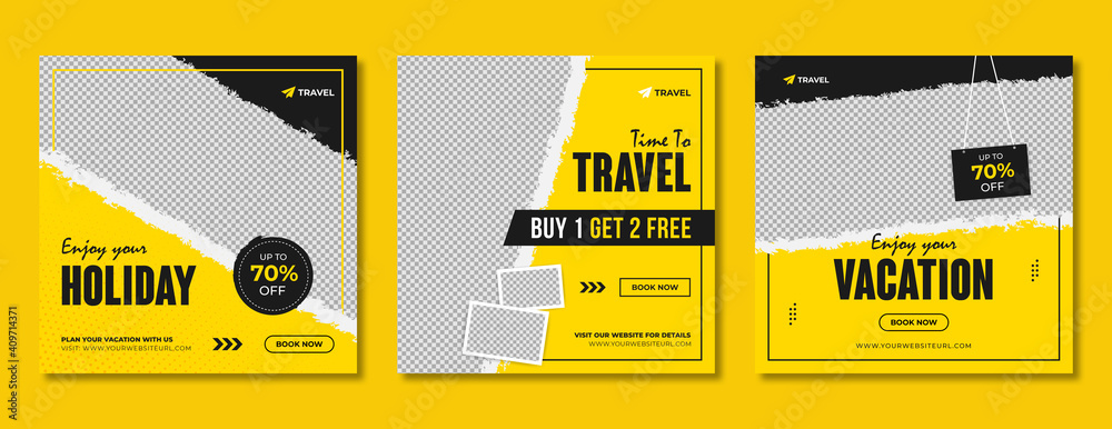 Travel & tourism social media post template design. Summer holiday offer promotion & marketing flyer for online business. Travel sale digital web banner with logo & graphic background. - obrazy, fototapety, plakaty 
