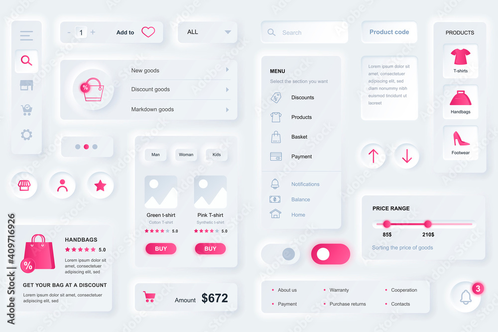 User interface elements for shopping mobile app. Unique neumorphic design UI, UX, GUI, KIT elements template. Neumorphism style. Different form, components, button, menu, shopping vector icons. - obrazy, fototapety, plakaty 