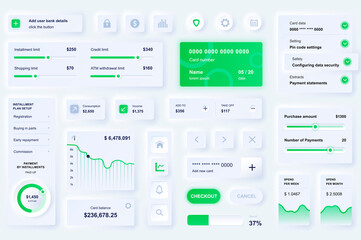 Aufkleber - User interface elements for banking mobile app. Unique neumorphic design UI, UX, GUI, KIT elements template. Neumorphism style. Different form, components, button, menu, banking vector icons.