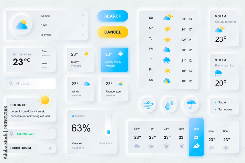 User interface elements for weather forecast mobile app. Unique neumorphic design UI, UX, GUI, KIT elements template. Neumorphism style. Different form, components, button, menu, weather vector icons. - obrazy, fototapety, plakaty 