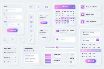Poster - User interface elements for booking travel mobile app. Unique neumorphic design UI, UX, GUI, KIT elements template. Neumorphism style. Different form, components, button, menu, booking vector icons.