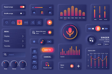 Fototapete - User interface elements for music mobile app. Unique neumorphic design UI, UX, GUI, KIT elements template. Neumorphism style. Different form, components, button, menu, sound vector icons.
