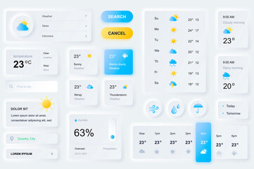 Fototapete - User interface elements for weather forecast mobile app. Unique neumorphic design UI, UX, GUI, KIT elements template. Neumorphism style. Different form, components, button, menu, weather vector icons.