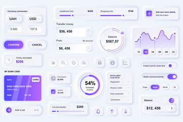 Aufkleber - User interface elements for finance service mobile app. Unique neumorphic design UI, UX, GUI, KIT elements template. Neumorphism style. Different form, components, button, menu, finance vector icons.