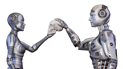 3d render of two detailed futuristic robots man and woman holding human's skull. Side view of the upper bodies isolated on white background.