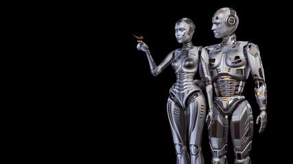 3d render of two futuristic robots man and woman carefully looking at the butterfly sitting on female's forefinger. Upper bodies isolated on black background 