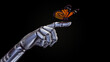 3d render of an orange butterfly sitting on a detailed robotic forefinger. Isolated on black background