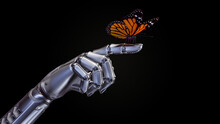 3d Render Of An Orange Butterfly Sitting On A Detailed Robotic Forefinger. Isolated On Black Background