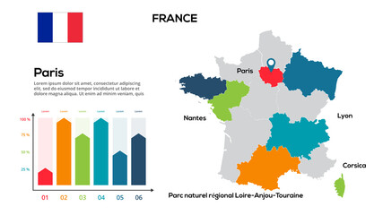Poster - france map. image of a global map in the form of regions of france regions. country flag. infographi