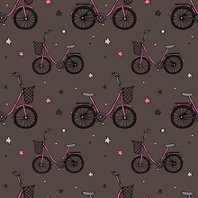 Vector Pattern With A Bicycle For A Girl With A Basket On A Dark Background. Children S Illustration With Cartoon Transport. For Printing On Children S Fabric.
