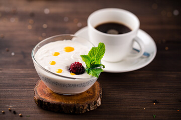 Sticker - Chia Pudding Dessert with raspberries, dessert with chia seeds with raspberry on rusic background