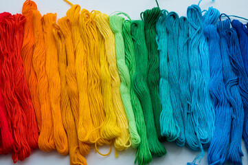 Multicolored floss threads for embroidery. Rainbow gradient.  Top view from above. Close-up.