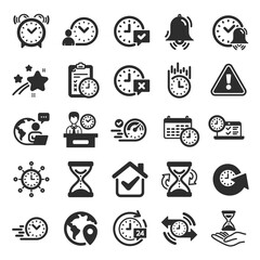 Poster - Time icons. Set of Calendar, Time management timer and Delivery service icons. Checklist, Stopwatch timer and hourglass. 24 hours and Presentation, calendar, checklist test. Flat icon set. Vector