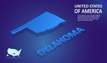 Sticker - Isometric Oklahoma State map on blue and glowing background. 3D Detailed Map in perspective with place for your text or description. Technology Information Graphic Elements for design and template.