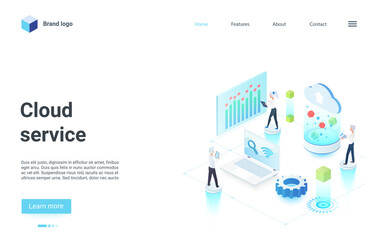 Aufkleber - Cloud tech service isometric vector illustration. Cartoon 3d tiny businessman characters team working with data, teamwork on analyzing report information. Business virtual technology landing page