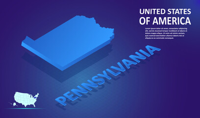 Sticker - Isometric Pennsylvania State map on blue and glowing background. 3D Detailed Map in perspective with place for your text or description. Technology Information Graphic Element for design and template.