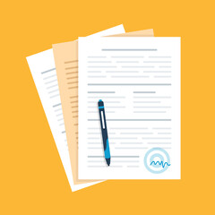 Signing contract. Document with stamp, signature and pen. Agreement, application form, financial documents concepts. Modern flat design. Vector illustration