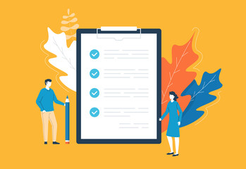 Poster - People and checklist. Woman with thumbs up and man with pencil standing around clipboard with check list. Abstract concept. Flat line design. Vector illustration