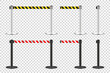 © 32 pixels - Realistic retractable belt stanchion on transparent background. Crowd control barrier posts with caution strap. Queue lines. Restriction border and danger tape. Vector illustration.