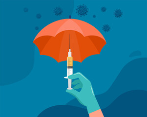 Vaccination concept design. Time to vaccinate banner. Umbrella-shaped syringe with vaccine for COVID-19, flu or influenza