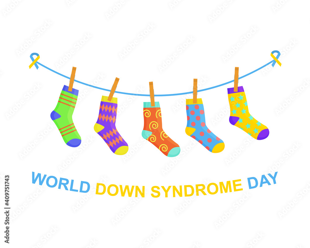 Vector de Stock World Down syndrome day banner. Different colorful odd  socks hanging on the rope as a symbol for WDSD. Vector cartoon  illustration. | Adobe Stock, image size:1000x800