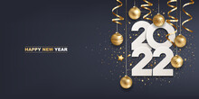 Happy New Year 2022. White Paper Numbers With Golden Christmas Decoration And Confetti On  Dark Blue Background. Holiday Greeting Card Design.