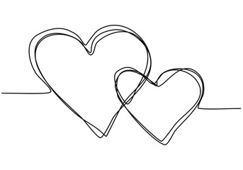 Wall Mural - Continuous Line drawing Two Hearts. Doodle style one line art romantic collection. Vector illustration.