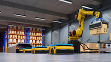 Factory Automation With AGV And Robotic Arm In Transportation To Increase Transport More With Safety.