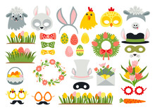 Cute Easter Photo Booth Props As Set Of Party Graphic Elements Of Easter Bunny Costume As Mask, Ears, Eggs, Carrot Etc. Vector Illustration. Vector Illustration