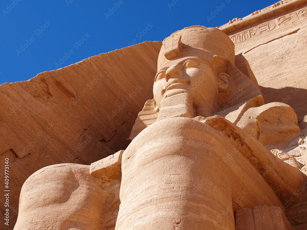 Abu Simbel, Egypt. Ancient Egyptian Pharaoh Rameses the 2nd. Landmark statue of the historical monument.