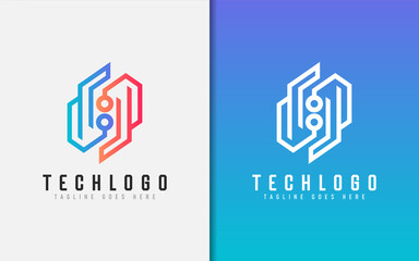 Poster - Abstract Technology Logo Design. Modern Colorful Futuristic Line Symbol Design, Usable For Business, Community, Industrial, Tech, Services Company. Flat Vector Logo Design Illustration.