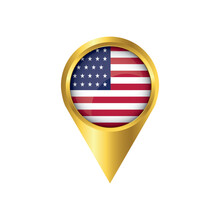 Flag Of United States.symbol Check In United States, Golden Map Pointer With The National Flag Of United States In The Button. Vector Illustration.