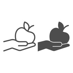 Poster - Apple in hand line and solid icon, Diet concept, fresh healthy fruit sign on white background, Hand giving apple icon in outline style for mobile concept and web design. Vector graphics.