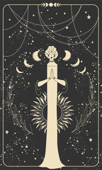 mystical background with woman for astrology and horoscope, divine boho design. lunar lady with sun 
