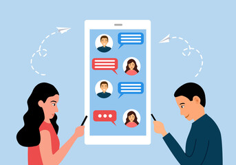 Man and woman sending message in mobile app. Long distance relationship between friends, loving couple or marriage husband and wife. Online chat on smartphone via internet	