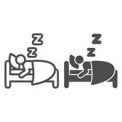 Poster - Man sleeping in bed line and solid icon, Diet concept, Sleeping person sign on white background, healthy sleep icon in outline style for mobile concept and web design. Vector graphics.