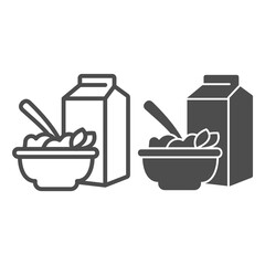 Poster - Porridge and milk packaging line and solid icon, Diet concept, breakfast cornflakes sign on white background, box and bowl with cereal icon in outline style for mobile and web design. Vector graphics.