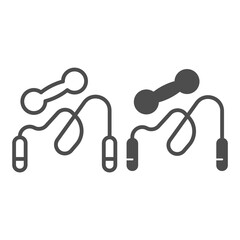 Poster - Jump rope and dumbbell line and solid icon, Diet concept, Sports Equipment sign on white background, skipping rope and dumbbell icon in outline style for mobile concept, web design. Vector graphics.