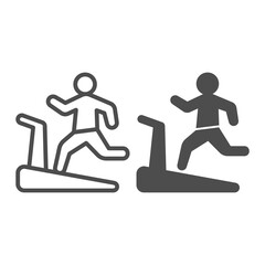 Poster - Man on treadmill line and solid icon, Diet concept, Exercise machine sign on white background, Man running on treadmill icon in outline style for mobile concept and web design. Vector graphics.