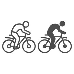 Poster - Man on bike line and solid icon, sport concept, bicyclist silhouette sign on white background, person rides bicycle icon in outline style for mobile concept and web design. Vector graphics.